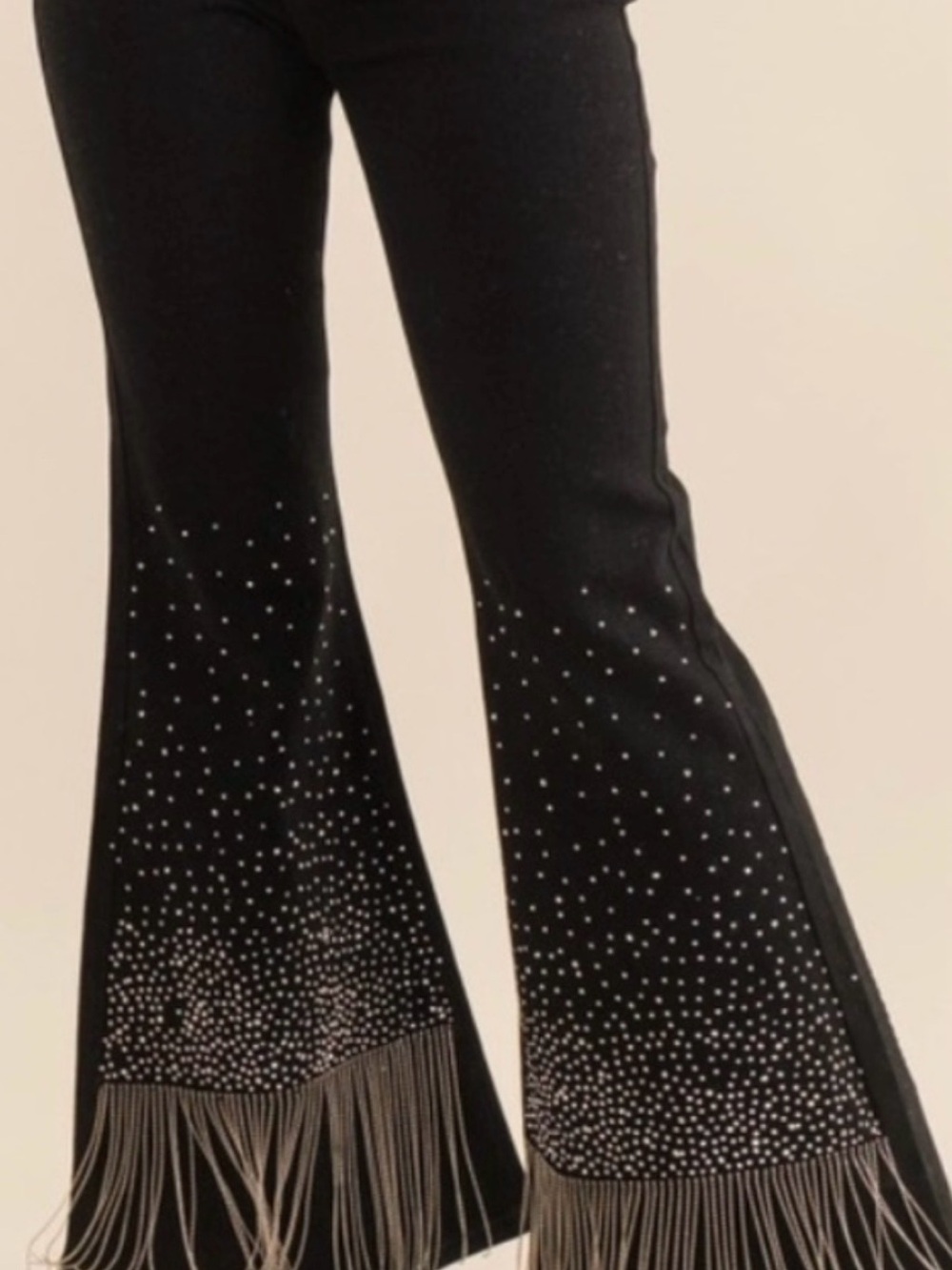 Blue B studded, rhinestone fringe bottom flared jeans. NWT